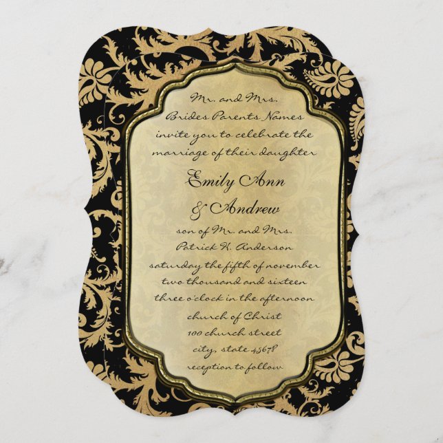 Gold & Black Damask Swirls Wedding Invitation (Front/Back)