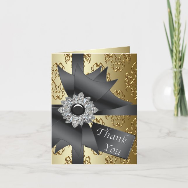 Gold Black Damask Thank You Card (Front)
