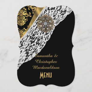 Gold black damask white lace wedding menu