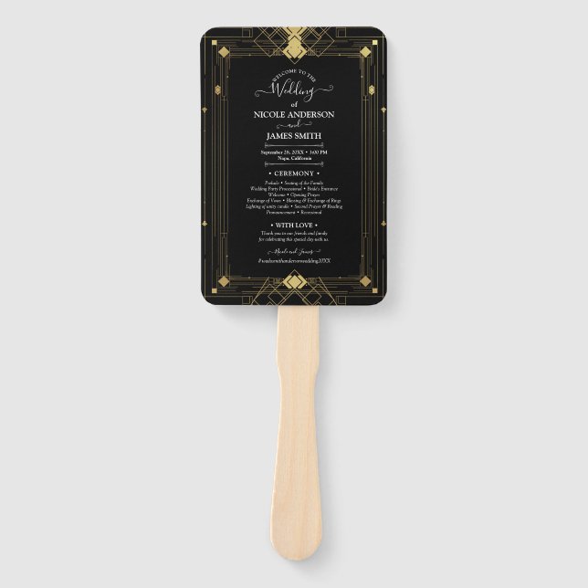 Gold Black Deco Glam Roaring 20's Wedding Program Hand Fan (Front)