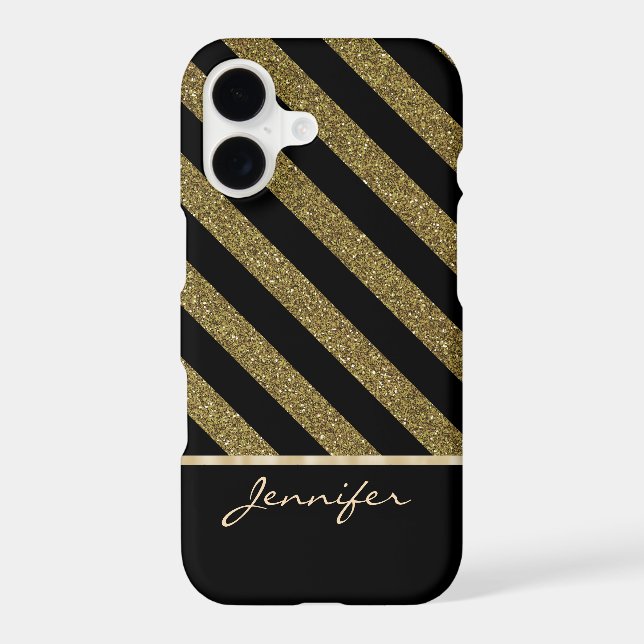 Gold Black Diagonal Faux Glitter Stripe (Back)