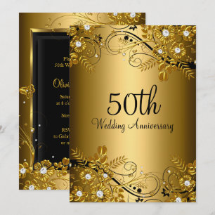 Gold Black Diamond Floral Swirl 50th Anniversary Invitation