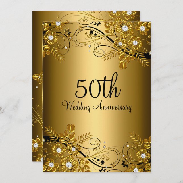 Gold Black Diamond Floral Swirl 50th Anniversary Invitation (Front/Back)