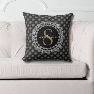 Gold Black Diamonds Monogram Tufted Elegant Luxury Cushion