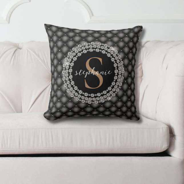Gold Black Diamonds Monogram Tufted Elegant Luxury Cushion (Mockup view)