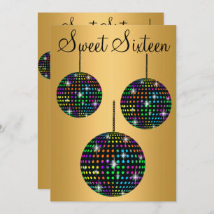 GOLD BLACK DISCOBALL  SWEET SIXTEEN PARTY INVITATION
