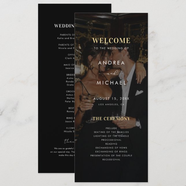 Gold & Black Editorial Photo Wedding Program (Front/Back)