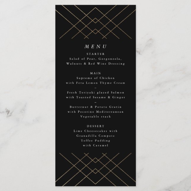 Gold Black Elegance Diamond Geo Deco Wedding Menu (Front)