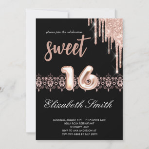  Gold-black elegance,  rose gold sweet sixteen    Invitation
