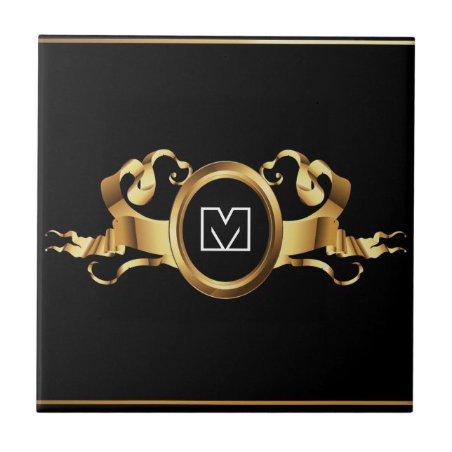 Gold-Black Elegance With Initials Ceramic Tile (Front)