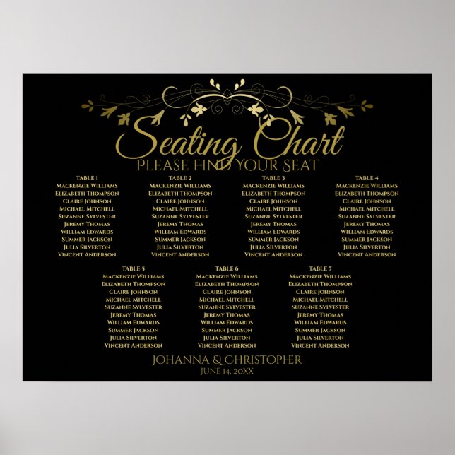 Gold & Black Elegant 7 Table Wedding Seating Chart (Front)