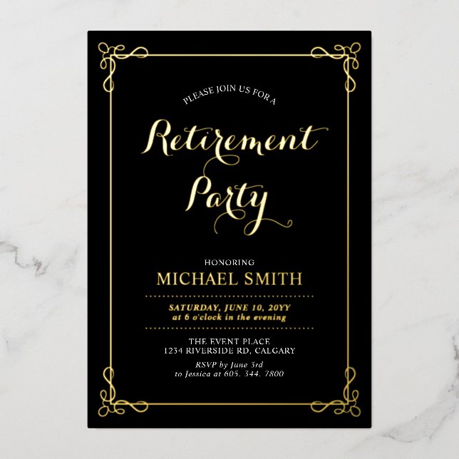 Gold & Black | Elegant Classy Retirement Party (Front)