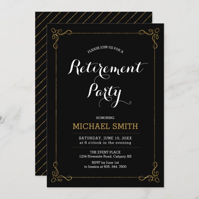 Gold & Black | Elegant Classy Retirement Party Invitation (Front/Back)