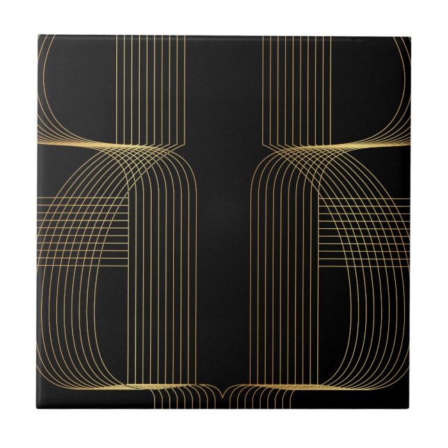 Gold, black, elegant, cool, unique trendy line art ceramic tile (Front)