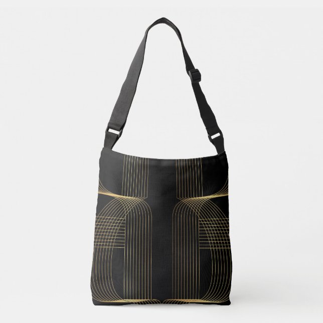 Gold, black, elegant, cool, unique trendy line art crossbody bag (Front)