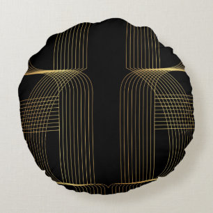 Gold, black, elegant, cool, unique trendy line art round cushion