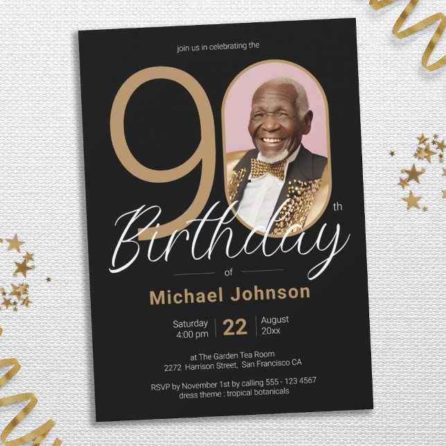 Gold Black Elegant Custom Photo 90th Birthday Invitation (Photo 90th Birthday Gold Black Elegant Custom Invitation)