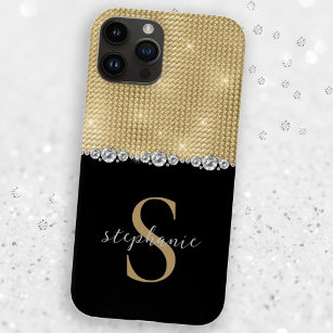 Gold Black Elegant Diamonds Monogram Luxury Custom iPhone 15 Pro Case