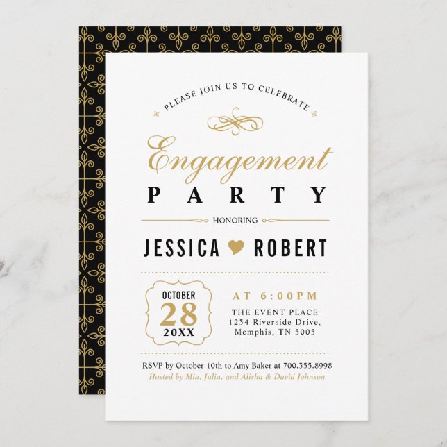 Gold & Black | Elegant Engagement Party Invitation (Front/Back)