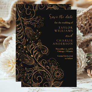Gold Black Elegant Floral Wedding Save The Date