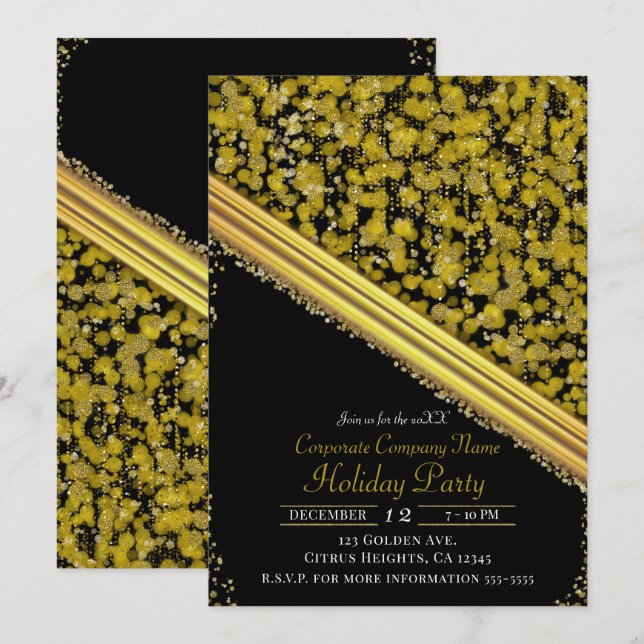 Gold & Black Elegant Glam Company Holiday Party Invitation (Front/Back)