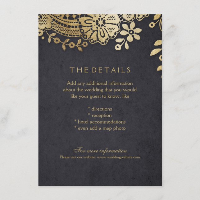 Gold black elegant lace wedding details card (Front)
