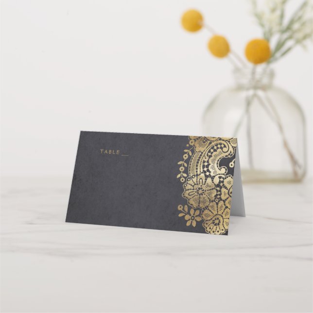 Gold black elegant lace wedding place cards (Front)