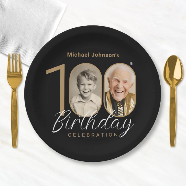 Gold Black Elegant Photo 100th Birthday Party Paper Plate (Mockup View)