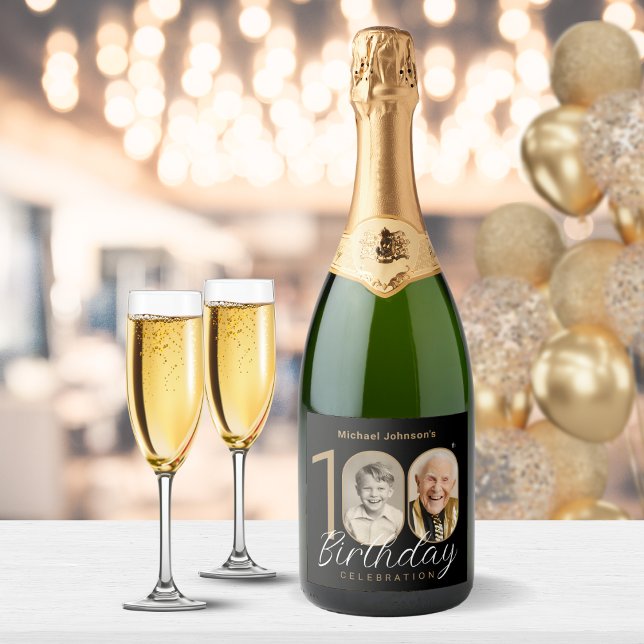 Gold Black Elegant Photo 100th Birthday Party Sparkling Wine Label (Mockup View)