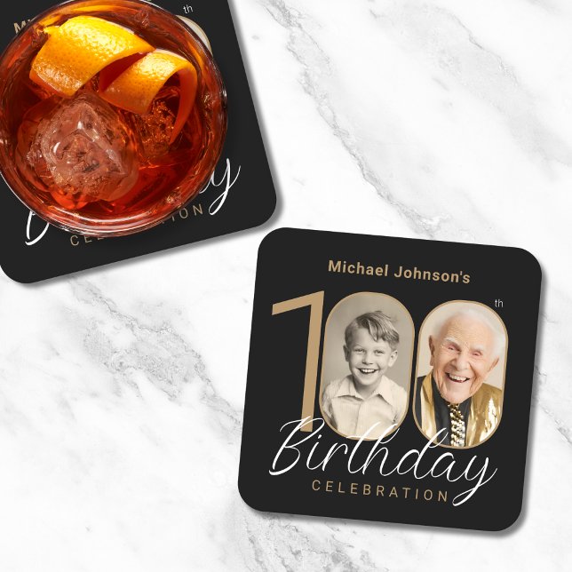 Gold Black Elegant Photo 100th Birthday Party Square Paper Coaster (Mockup View)