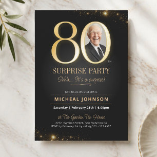 Gold Black Elegant Photo Surprise 80th Birthday Invitation