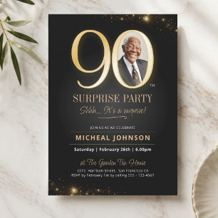 Gold Black Elegant Photo Surprise 90th Birthday Invitation