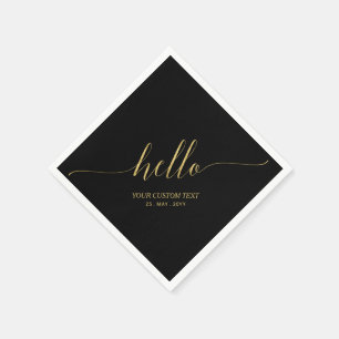 Gold & Black Elegant Script Lettering Hello Party Napkin