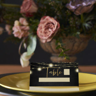 Gold Black Elegant Script String Lights Place Card