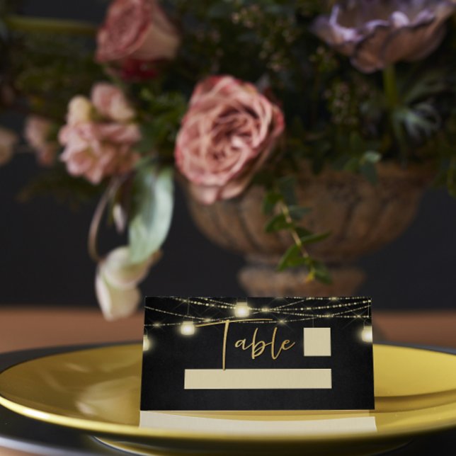 Gold Black Elegant Script String Lights Place Card (Creator Uploaded)