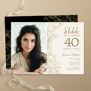 Gold Black Elegant Surprise Photo 40th Birthday Invitation