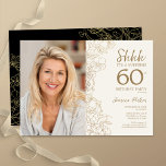 Gold Black Elegant Surprise Photo 60th Birthday Invitation<br><div class="desc">Floral gold cream and black surprise 60th birthday party invitation with your photo on the front of the card. Elegant modern design featuring botanical outline drawings accents and typography script font. Simple trendy invite card perfect for a stylish female bday celebration. Can be customised to any age. Printed Zazzle invitations...</div>