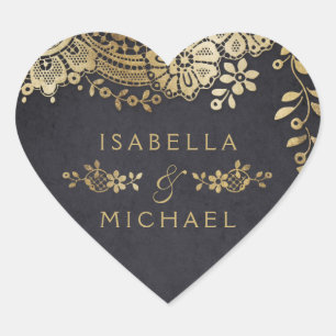 Gold black elegant vintage lace wedding favour heart sticker