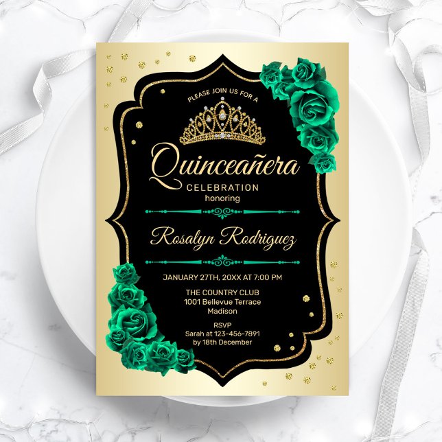 Gold Black Emerald Green Elegant Quinceanera Invitation (Creator Uploaded)