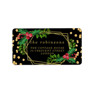 Gold Black Family Merry Christmas Holly Glitter Label