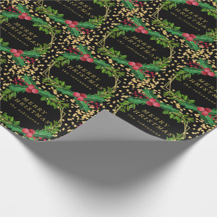 Gold Black Family Merry Christmas Holly Glitter Wrapping Paper