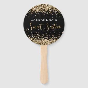 Gold Black Faux Glitter Sweet Sixteen Hand Fans