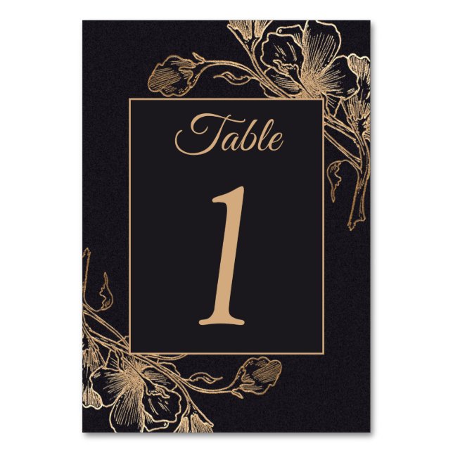 Gold Black Faux Metal Floral Design Wedding  Place Table Number (Front)