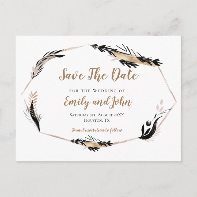 Gold Black Feather leaves Frame/Save The Date Postcard (Front)