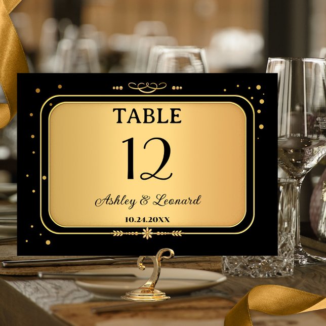 Gold Black Festive Confetti Wedding Table Number (Elegant wedding table number card in gold and black with festive confetti sparkles.)
