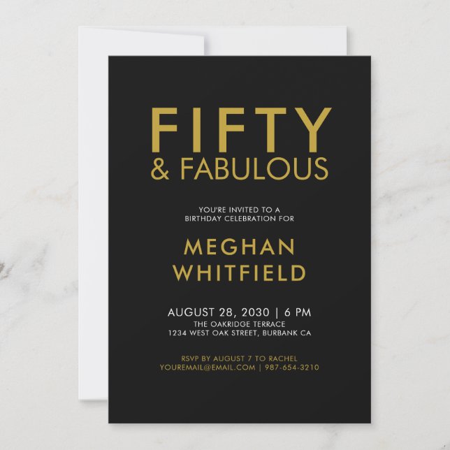 Gold Black Fifty and Fabulous 50th Birthday Party Invitation (Front)