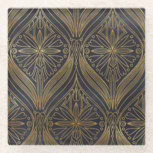 Gold Black Filigree Damask Glass Coaster