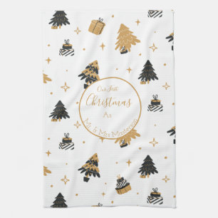 Gold Black First Christmas Tree Pattern Custom Tea Towel