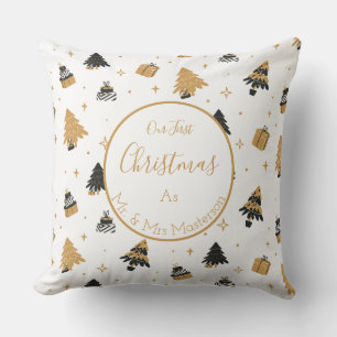Gold Black First Christmas Tree Pattern Mr and Mrs Cushion