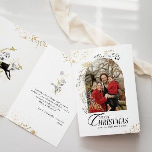 Gold & Black Floral Boho Arch Photo Christmas Card